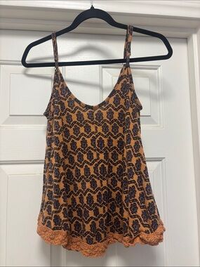 Ecote Orange and Black Patterned Crochet-Hem Tank